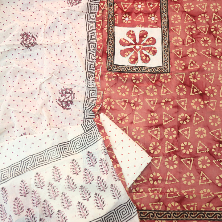 Sargoshi Coral Blush Applique Patch in Batik Printed Cotton Suit Set