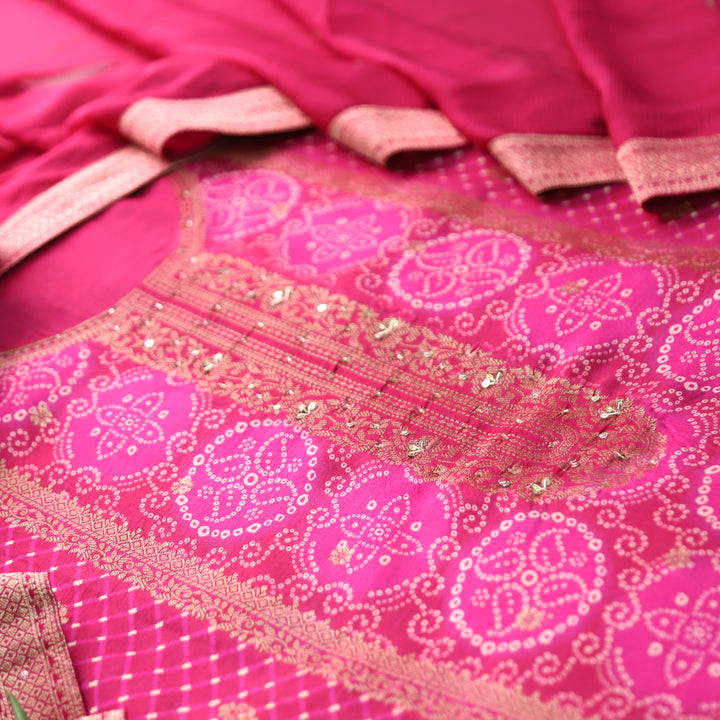 Noorani Magenta Pink Zari Weaved Panale Style Bandhai Print Muslin Set
