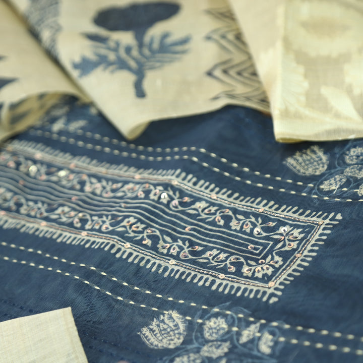 Ella Navy Blue Digital Printed Running Thread Work Chanderi Set D2