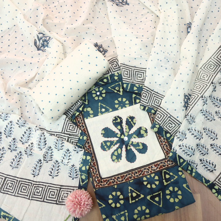 Sargoshi Navy Blue Applique Patch in Batik Printed Cotton Suit Set