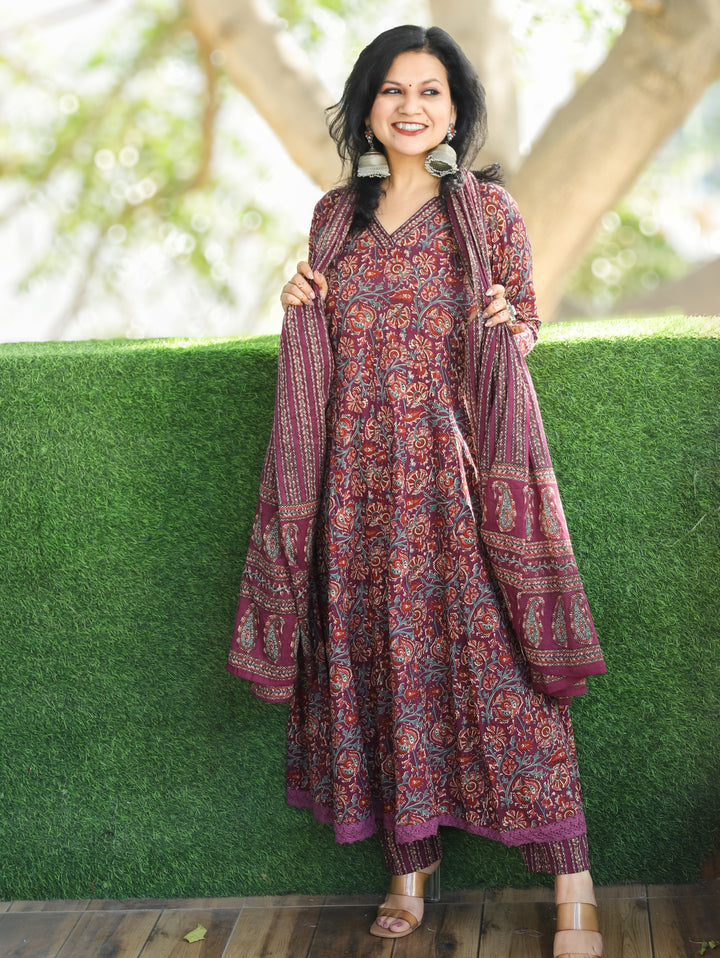 Rohini Wine Purple V Neck Kalamkari Printed Anarkali Cotton 3 Piece Set