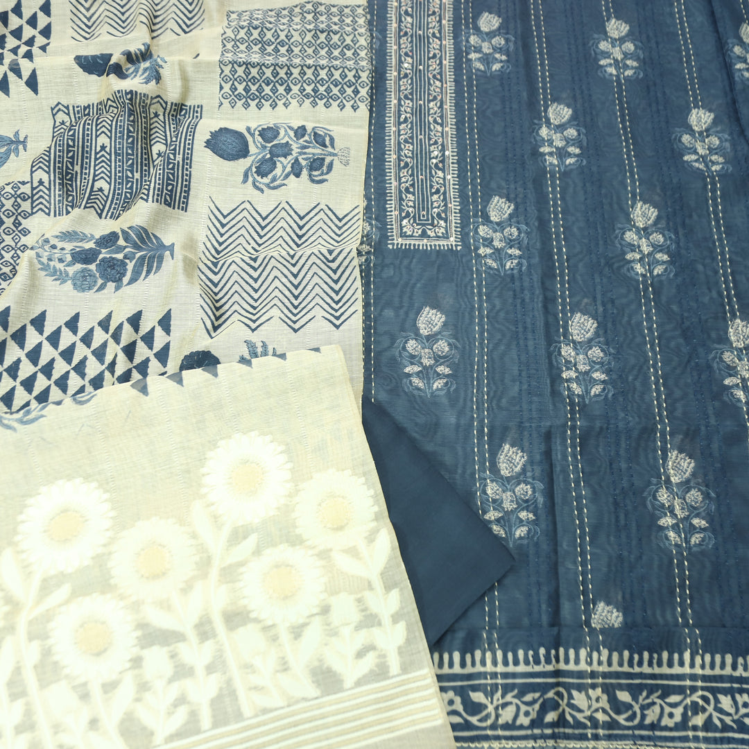 Ella Navy Blue Digital Printed Running Thread Work Chanderi Set D2