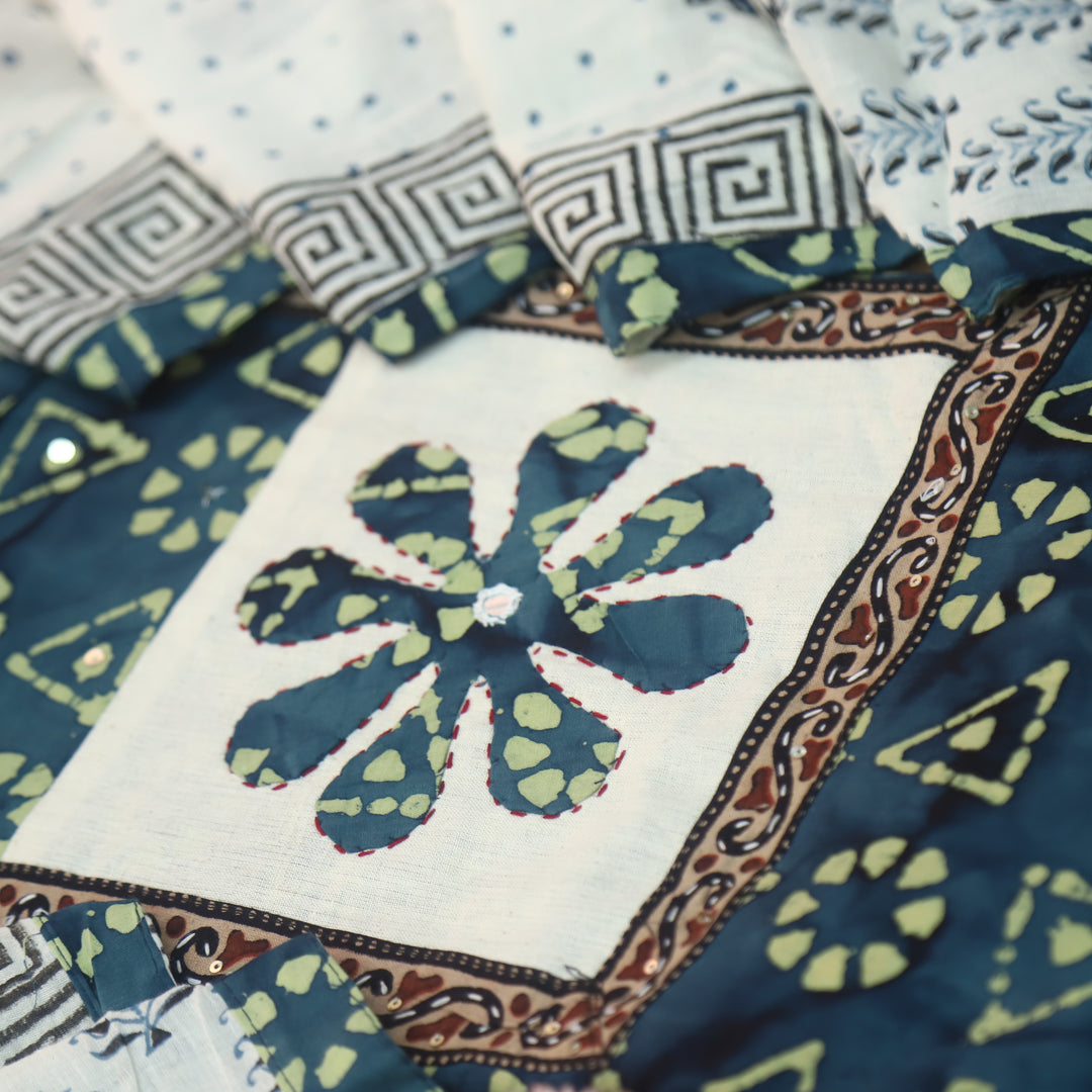 Sargoshi Navy Blue Applique Patch in Batik Printed Cotton Suit Set