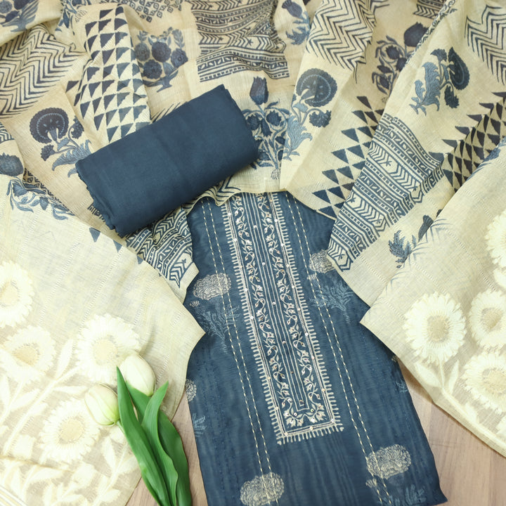 Ella Navy Blue Digital Printed Running Thread Work Chanderi Set D3