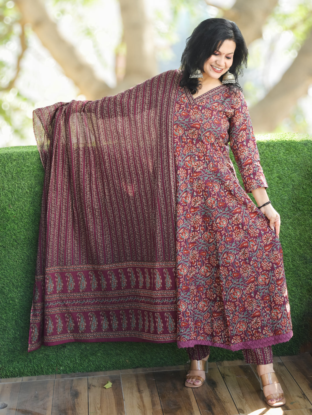 Rohini Wine Purple V Neck Kalamkari Printed Anarkali Cotton 3 Piece Set