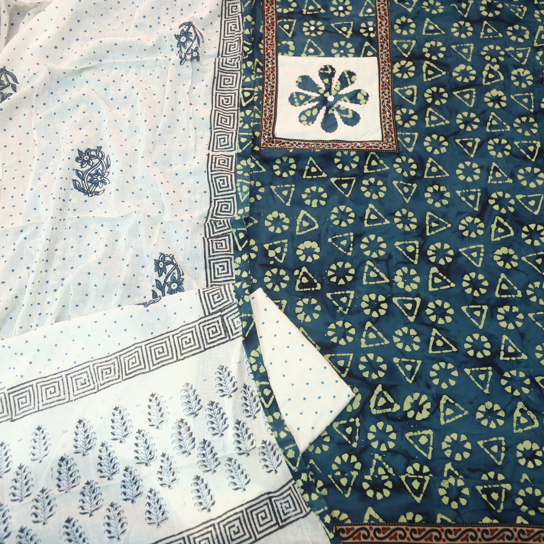 Sargoshi Navy Blue Applique Patch in Batik Printed Cotton Suit Set