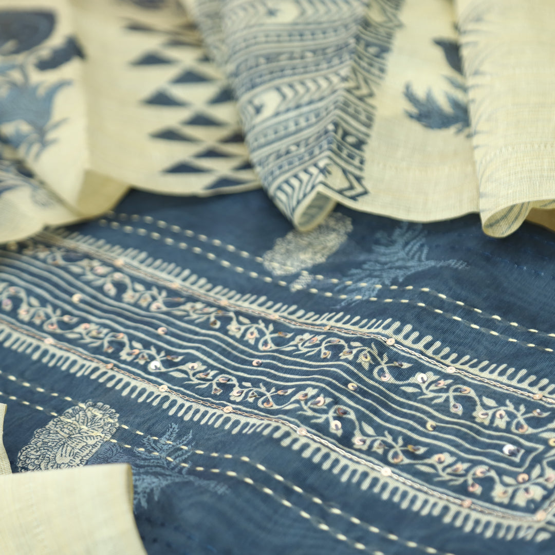Ella Navy Blue Digital Printed Running Thread Work Chanderi Set D3