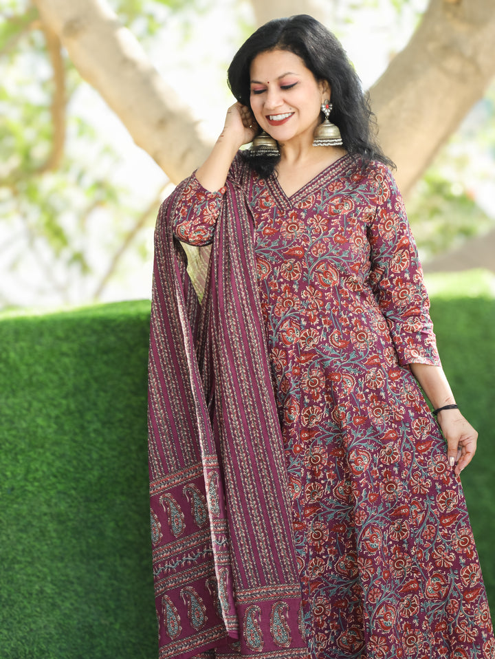 Rohini Wine Purple V Neck Kalamkari Printed Anarkali Cotton 3 Piece Set