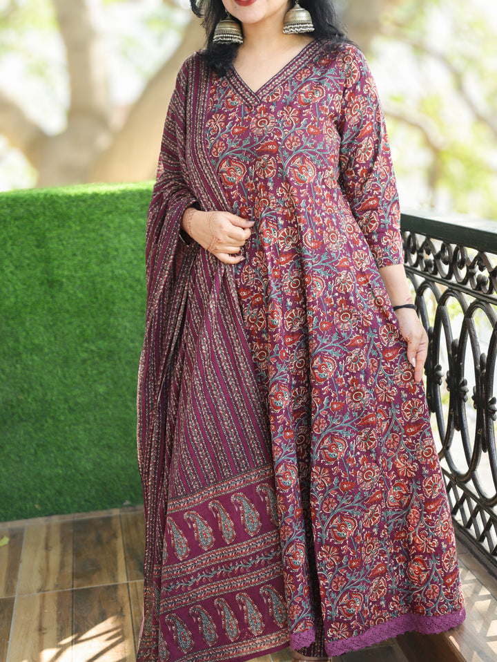 Rohini Wine Purple V Neck Kalamkari Printed Anarkali Cotton 3 Piece Set