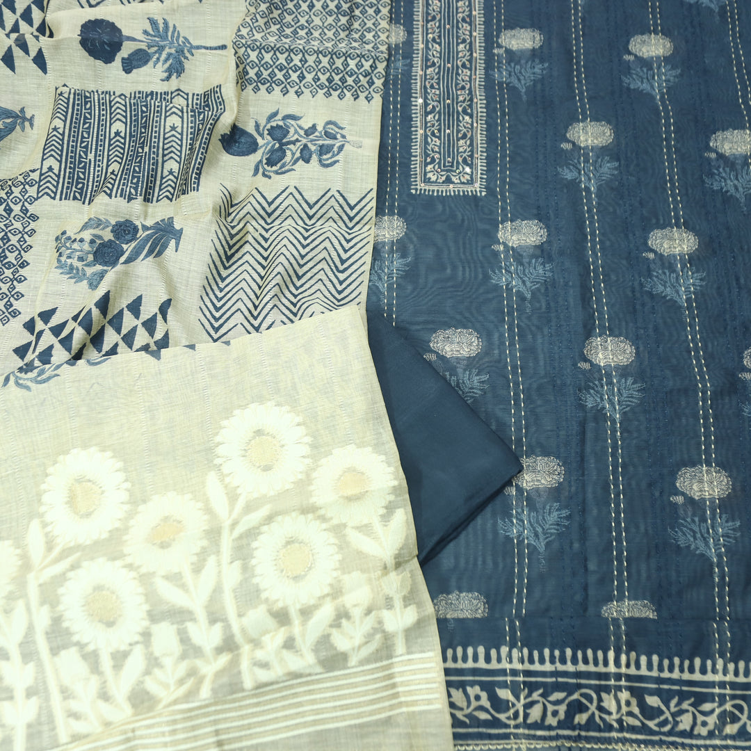 Ella Navy Blue Digital Printed Running Thread Work Chanderi Set D3