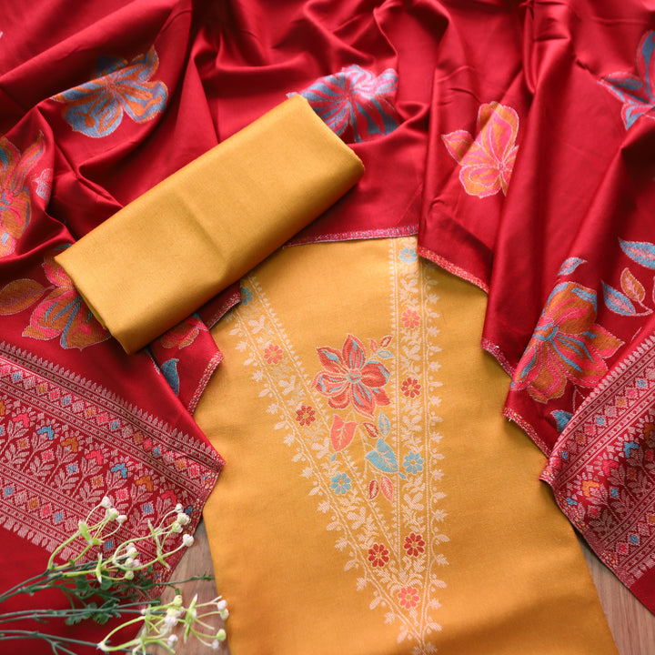 सिलसिला Canary Yellow Thread with Zari Neck Work Semi Pashmina Winter Suit Set