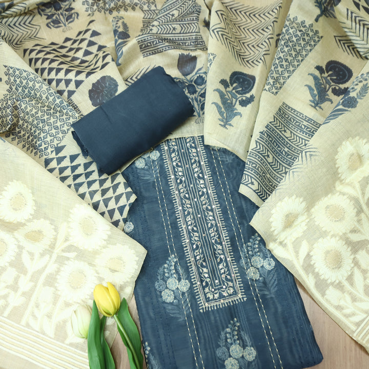 Ella Navy Blue Digital Printed Running Thread Work Chanderi Set D4