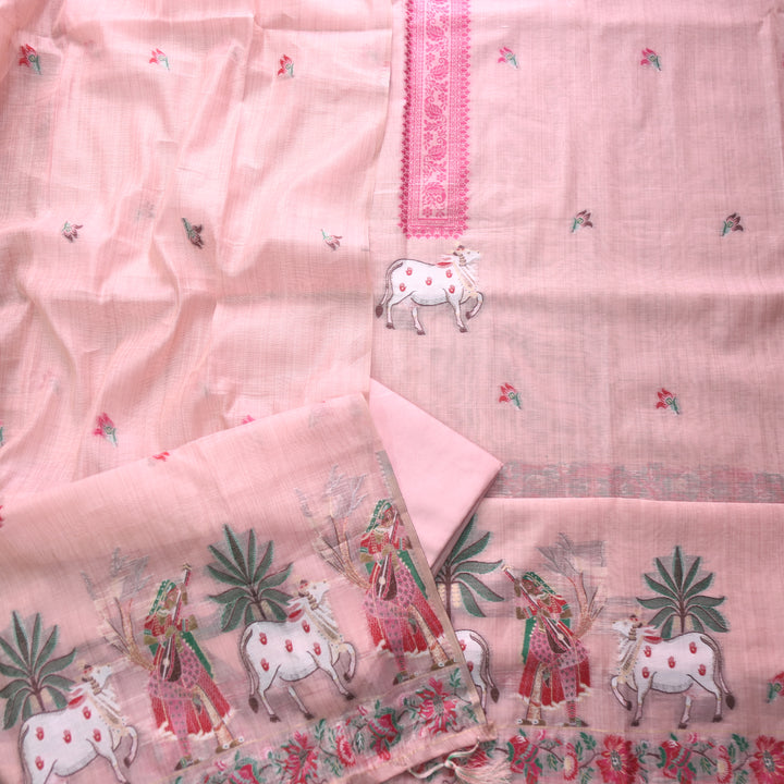 Kush Frosty Pink Pichwai Authentic Jamdani Weaved Hem Chanderi Suit Set