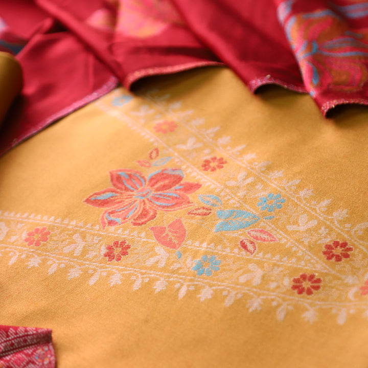 सिलसिला Canary Yellow Thread with Zari Neck Work Semi Pashmina Winter Suit Set