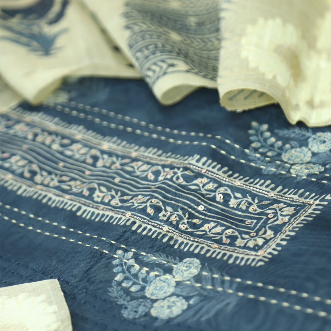 Ella Navy Blue Digital Printed Running Thread Work Chanderi Set D4
