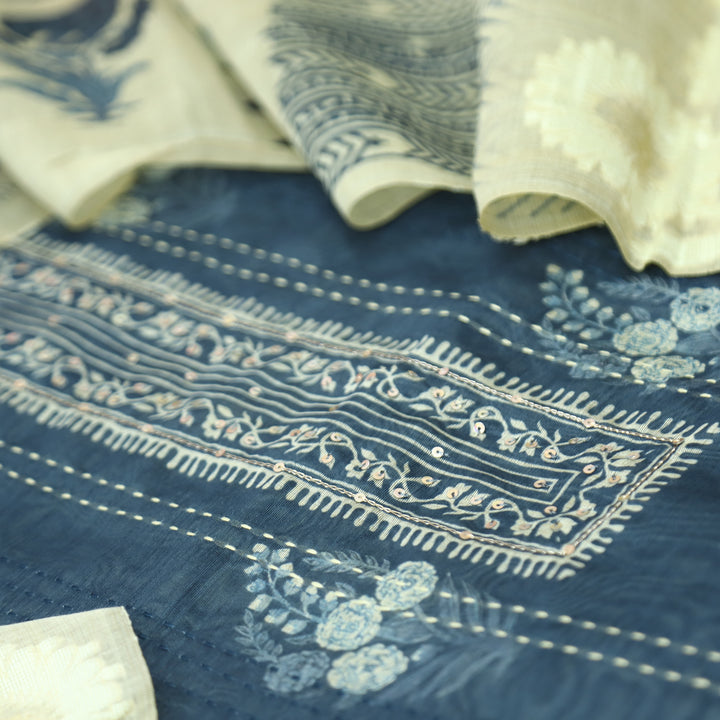 Ella Navy Blue Digital Printed Running Thread Work Chanderi Set D4