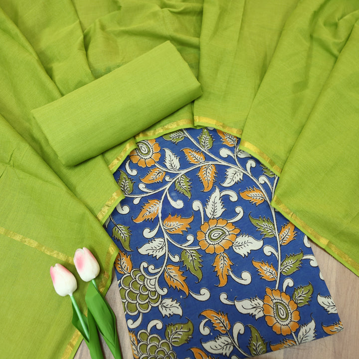 Vashudhara Royal Blue All Over Floral Kalamkari Printed Work South Cotton Set