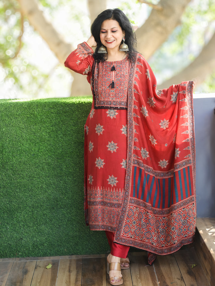 Bhoomika Cherry Red Moti with Tessal Work Ajrak Printed Pure Muslin 3 Piece Set