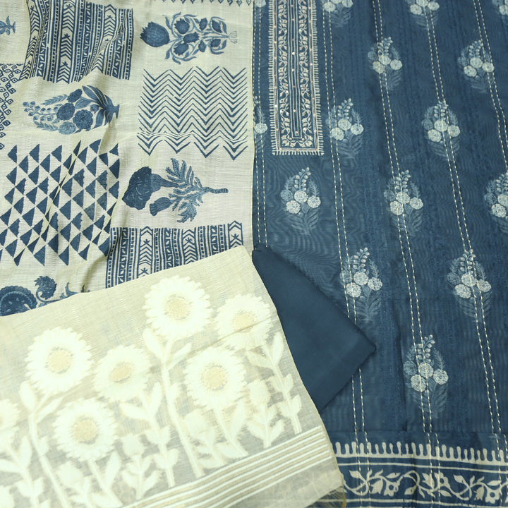 Ella Navy Blue Digital Printed Running Thread Work Chanderi Set D4
