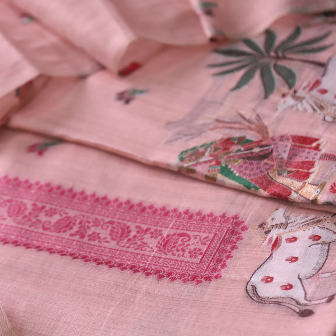 Kush Frosty Pink Pichwai Authentic Jamdani Weaved Hem Chanderi Suit Set