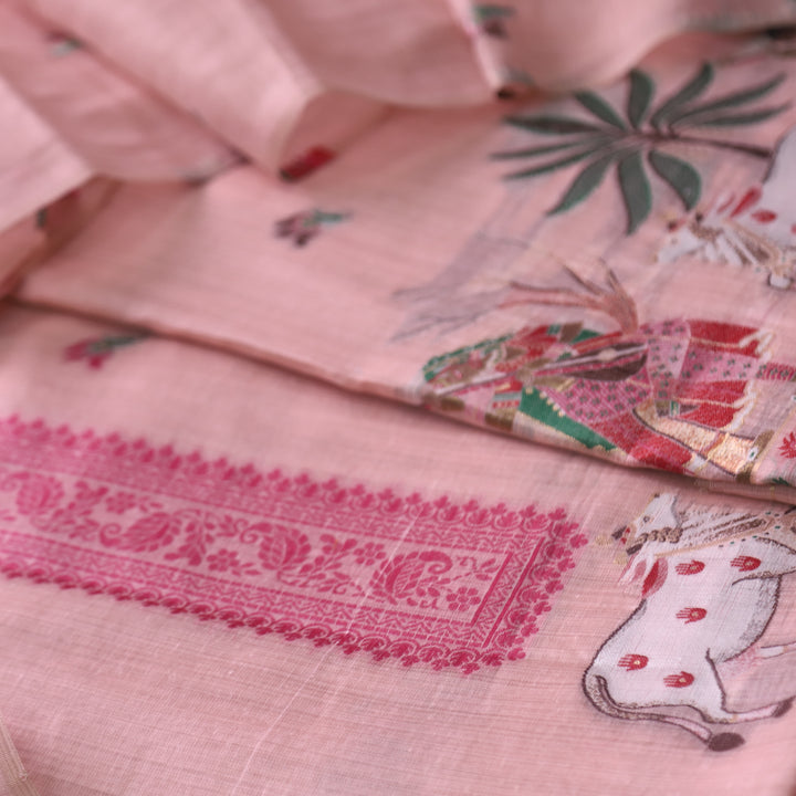 Kush Frosty Pink Pichwai Authentic Jamdani Weaved Hem Chanderi Suit Set