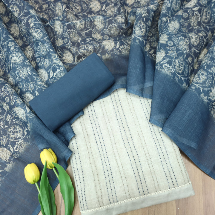 Ella Beige Running Thread Work Cotton Linen Set D3