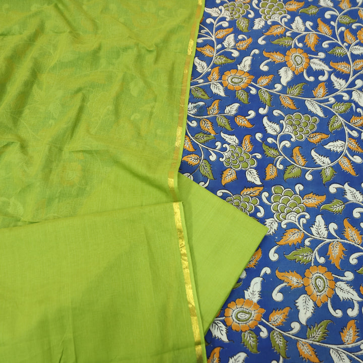 Vashudhara Royal Blue All Over Floral Kalamkari Printed Work South Cotton Set