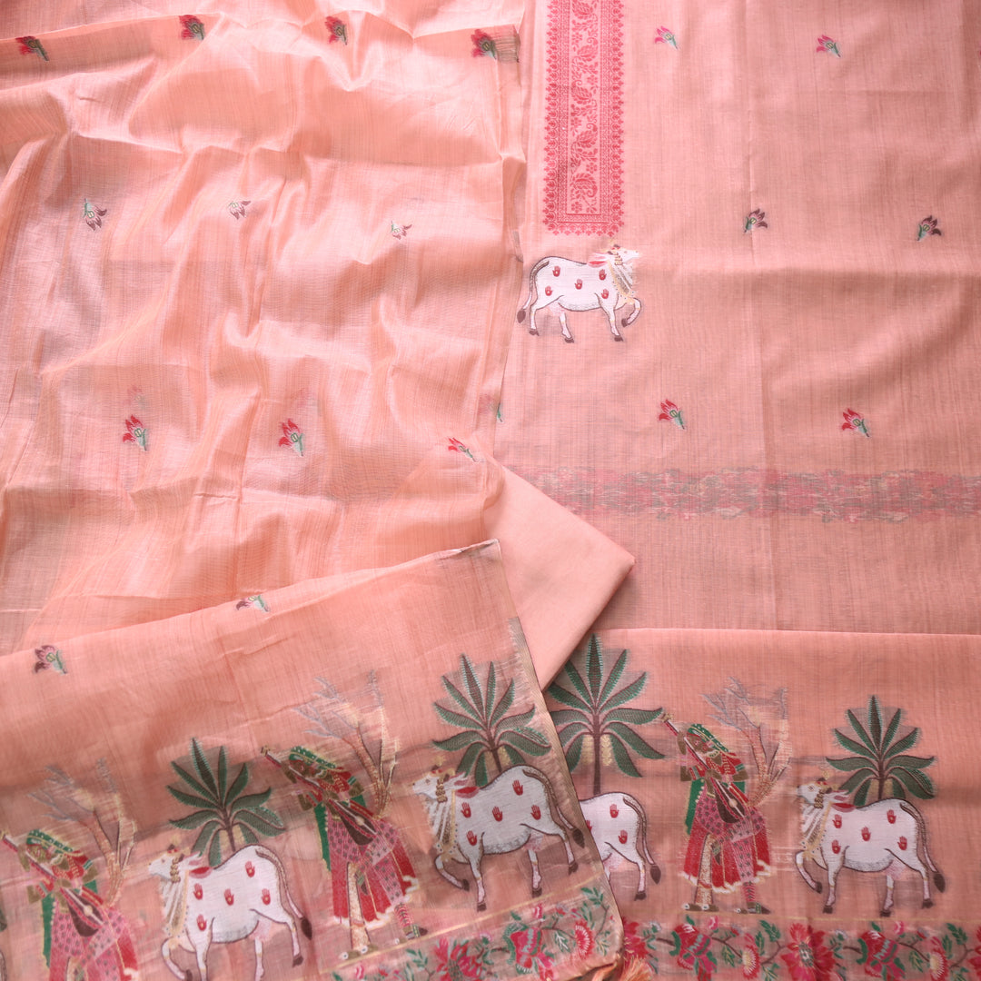 Kush Pumpkin Peach Pichwai Authentic Jamdani Weaved Hem Chanderi Suit Set