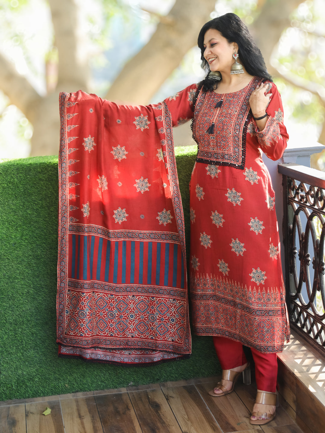 Bhoomika Cherry Red Moti with Tessal Work Ajrak Printed Pure Muslin 3 Piece Set