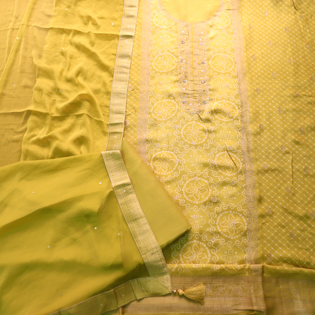 Noorani Turmeric Yellow Zari Weaved Panale Style Bandhai Print Muslin Set