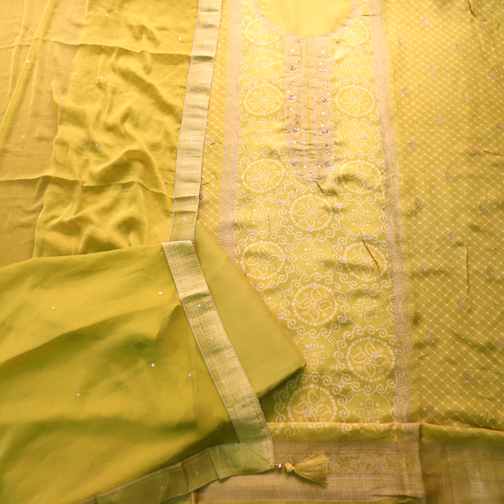 Noorani Turmeric Yellow Zari Weaved Panale Style Bandhai Print Muslin Set