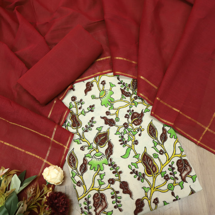 Vashudhara Shell Beige All Over Floral Kalamkari Printed Work South Cotton Set