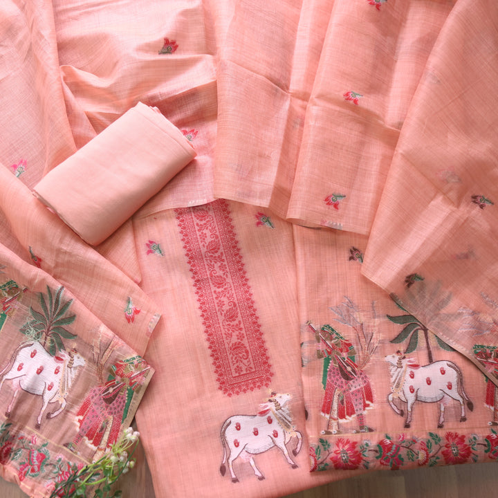 Kush Pumpkin Peach Pichwai Authentic Jamdani Weaved Hem Chanderi Suit Set
