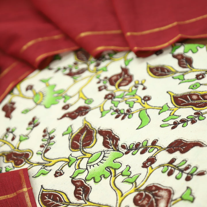 Vashudhara Shell Beige All Over Floral Kalamkari Printed Work South Cotton Set