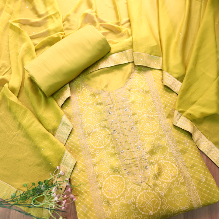 Noorani Turmeric Yellow Zari Weaved Panale Style Bandhai Print Muslin Set