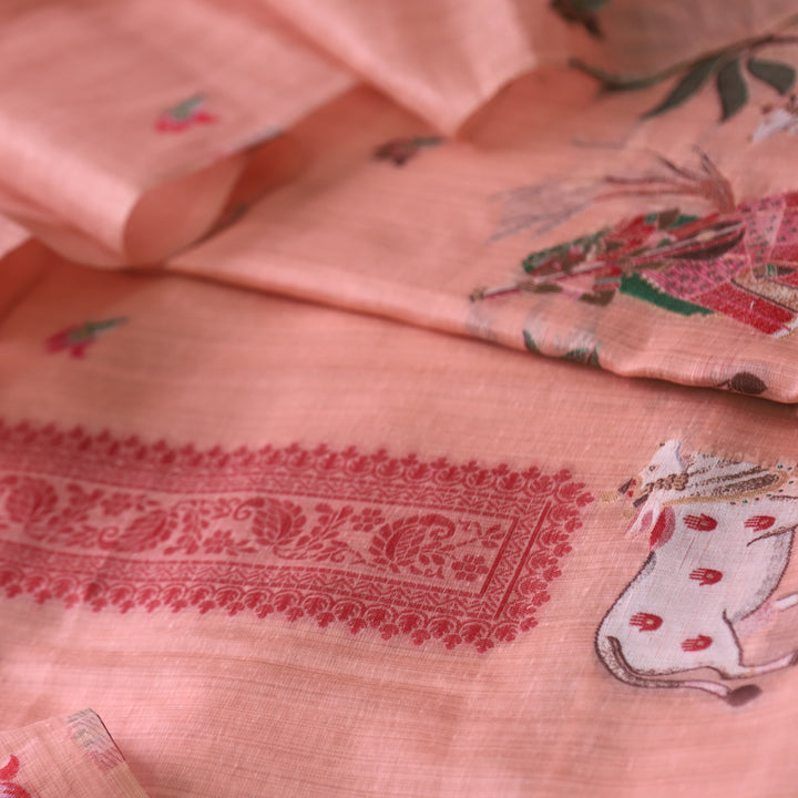 Kush Pumpkin Peach Pichwai Authentic Jamdani Weaved Hem Chanderi Suit Set