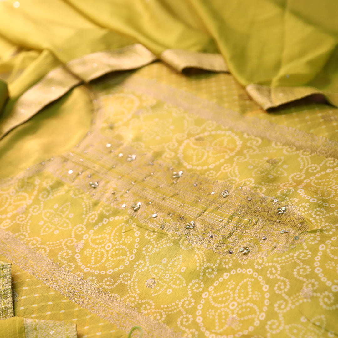 Noorani Turmeric Yellow Zari Weaved Panale Style Bandhai Print Muslin Set
