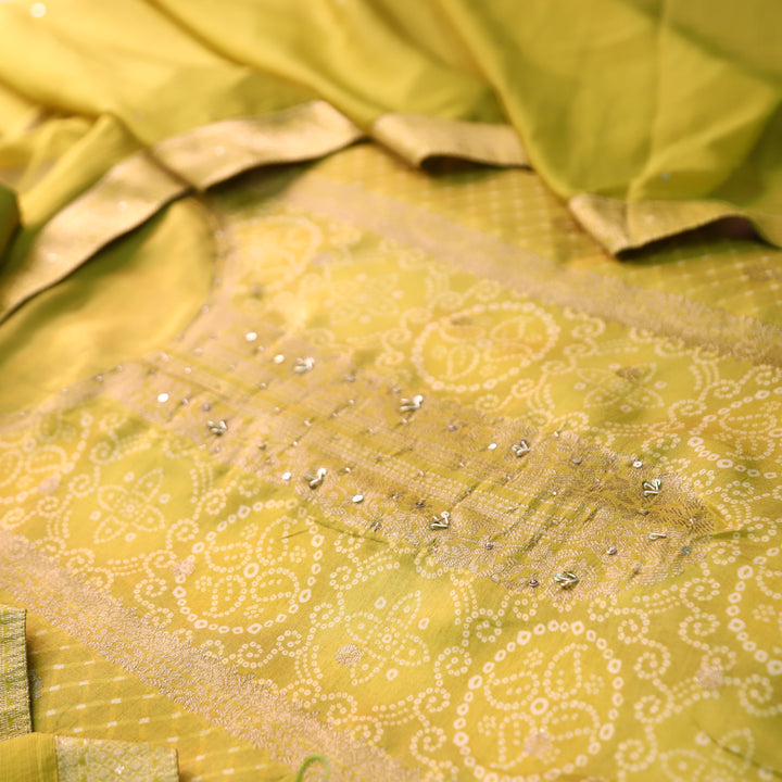 Noorani Turmeric Yellow Zari Weaved Panale Style Bandhai Print Muslin Set