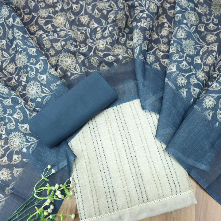 Ella Beige Running Thread Work Cotton Linen Set D4