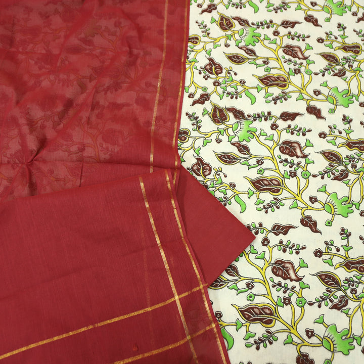 Vashudhara Shell Beige All Over Floral Kalamkari Printed Work South Cotton Set