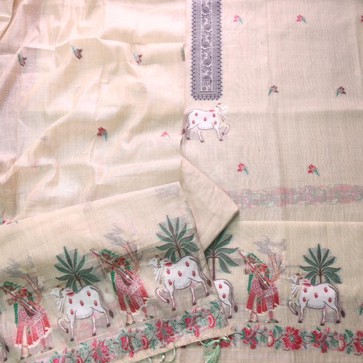 Kush Skin Beige Pichwai Authentic Jamdani Weaved Hem Chanderi Suit Set