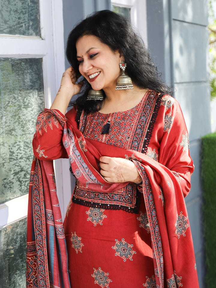 Bhoomika Cherry Red Moti with Tessal Work Ajrak Printed Pure Muslin 3 Piece Set