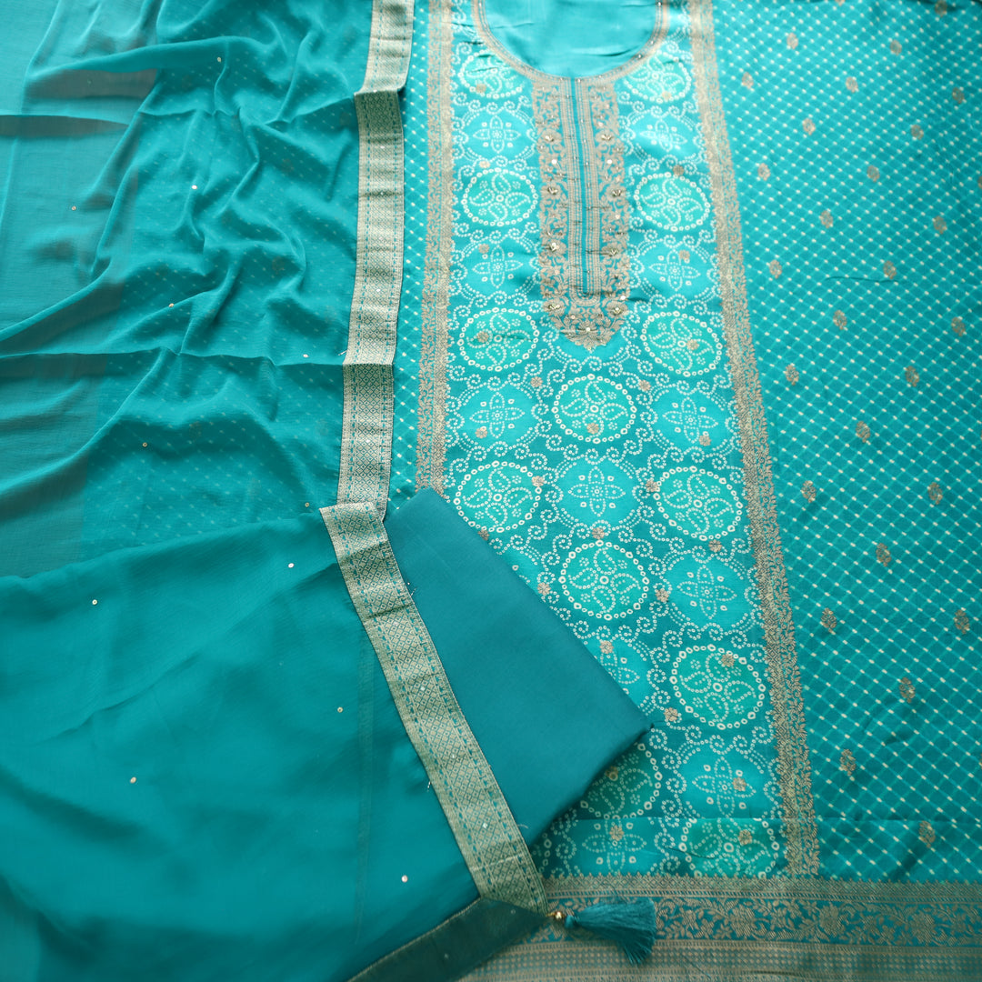 Noorani Crystel Aqua Zari Weaved Panale Style Bandhai Print Muslin Set