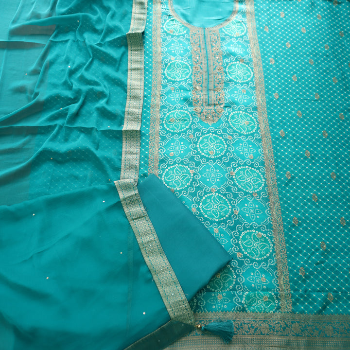Noorani Crystel Aqua Zari Weaved Panale Style Bandhai Print Muslin Set