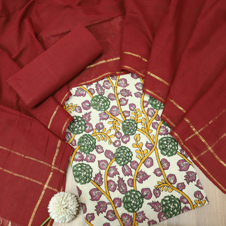 Vashudhara Pearl White All Over Floral Kalamkari Printed Work South Cotton Set