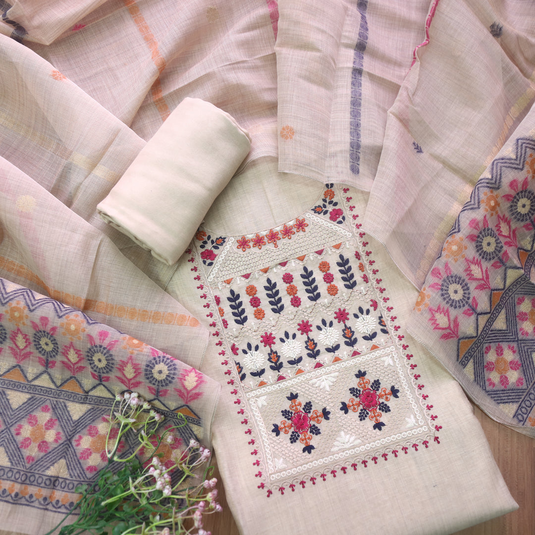 Dua Beige With Blue Thread Embroidered Neck Work Cotton Linen Suit Set