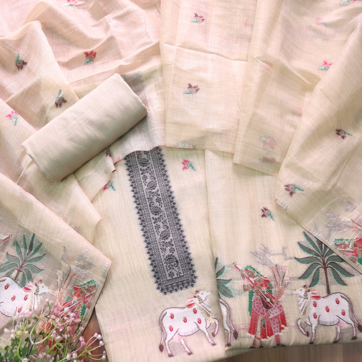 Kush Skin Beige Pichwai Authentic Jamdani Weaved Hem Chanderi Suit Set