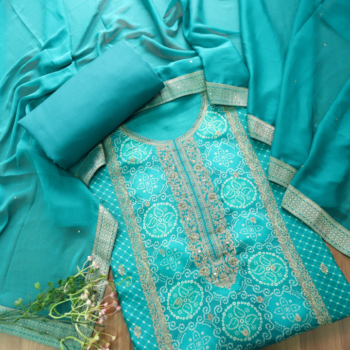 Noorani Crystel Aqua Zari Weaved Panale Style Bandhai Print Muslin Set