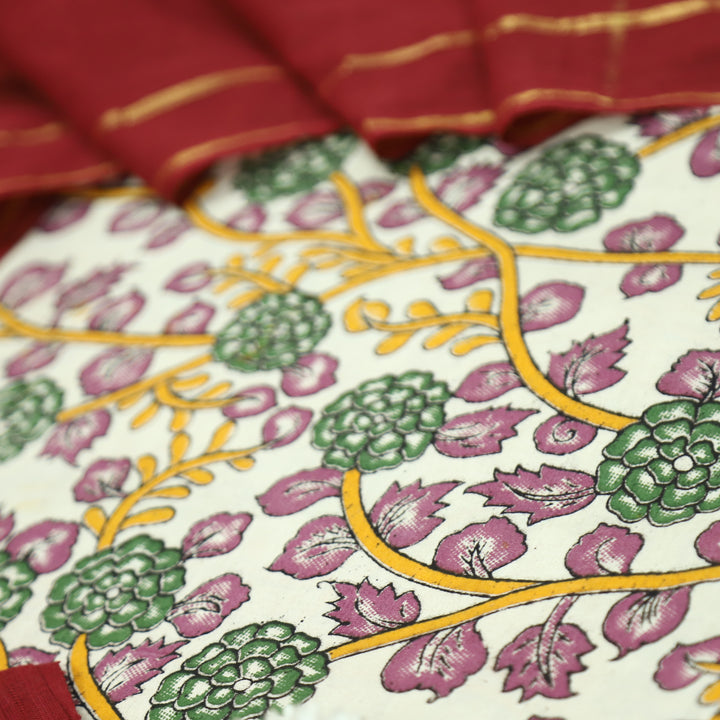 Vashudhara Pearl White All Over Floral Kalamkari Printed Work South Cotton Set
