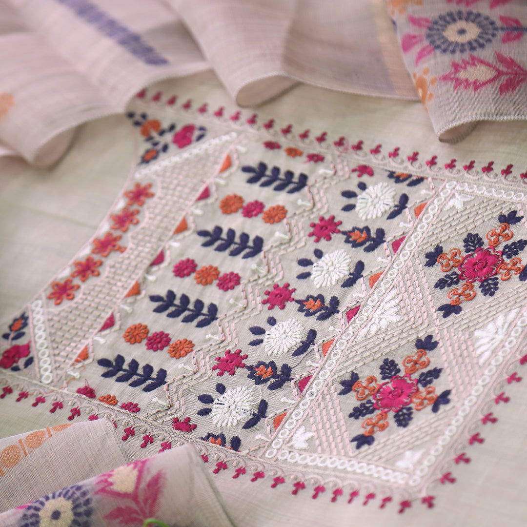 Dua Beige With Blue Thread Embroidered Neck Work Cotton Linen Suit Set